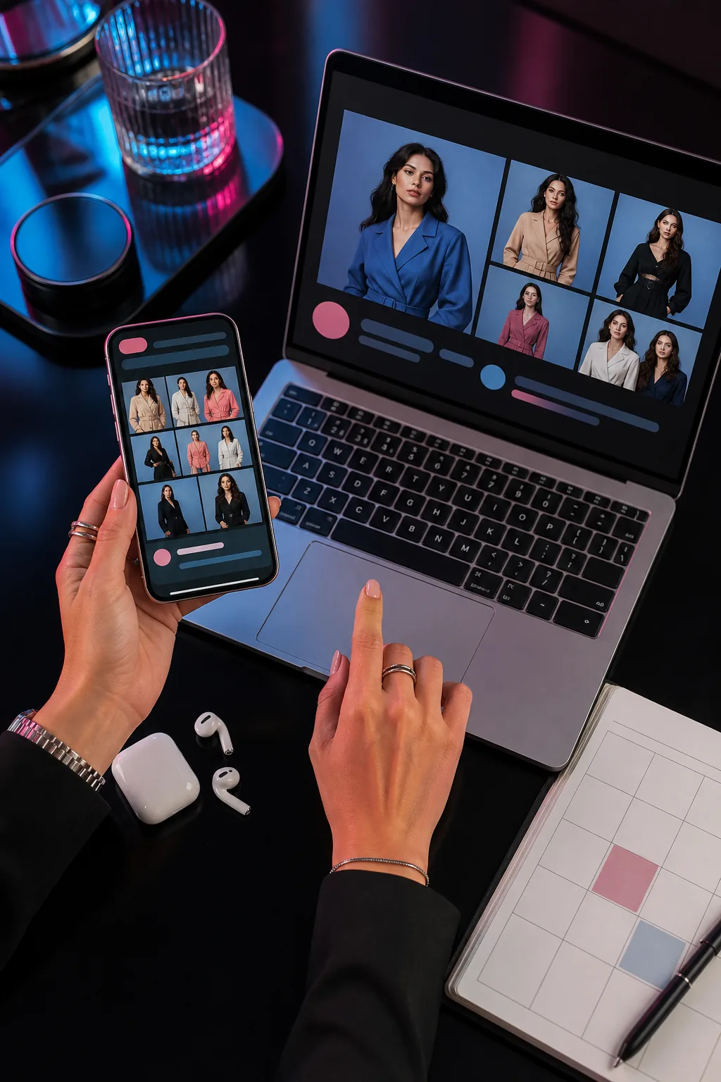 Hands comparing fictional creator profiles on a phone and laptop beside a monthly planner